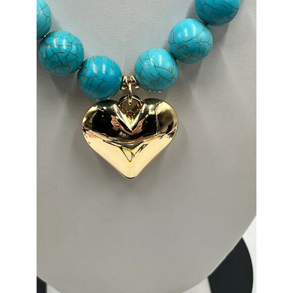 ETTIKA Chunky Beaded Turquoise 18k Gold Plated Heart Necklace New - Picture 11 of 13